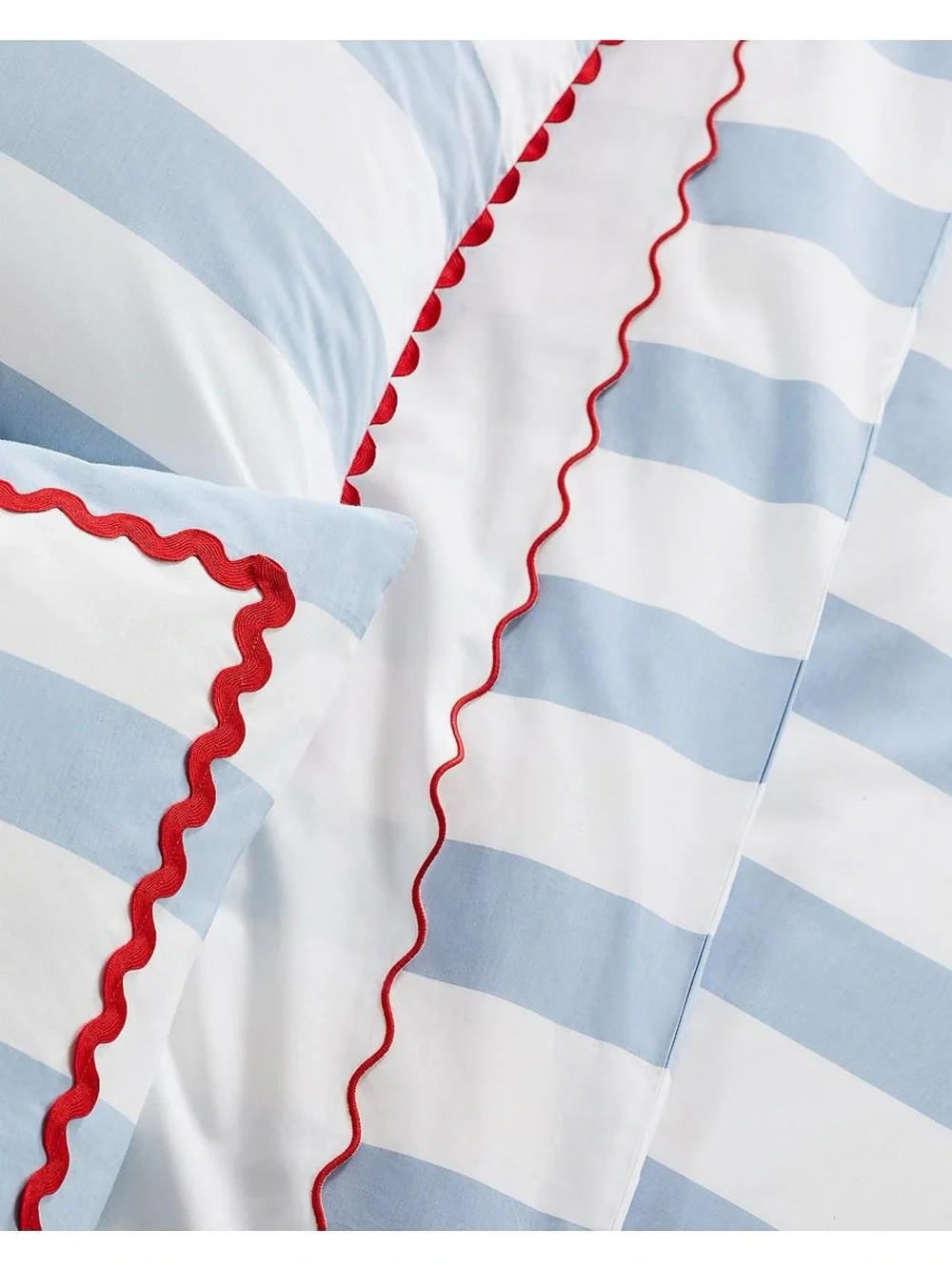 Serena & Lily Blue and White Striped Duvet Cover with Red Trim